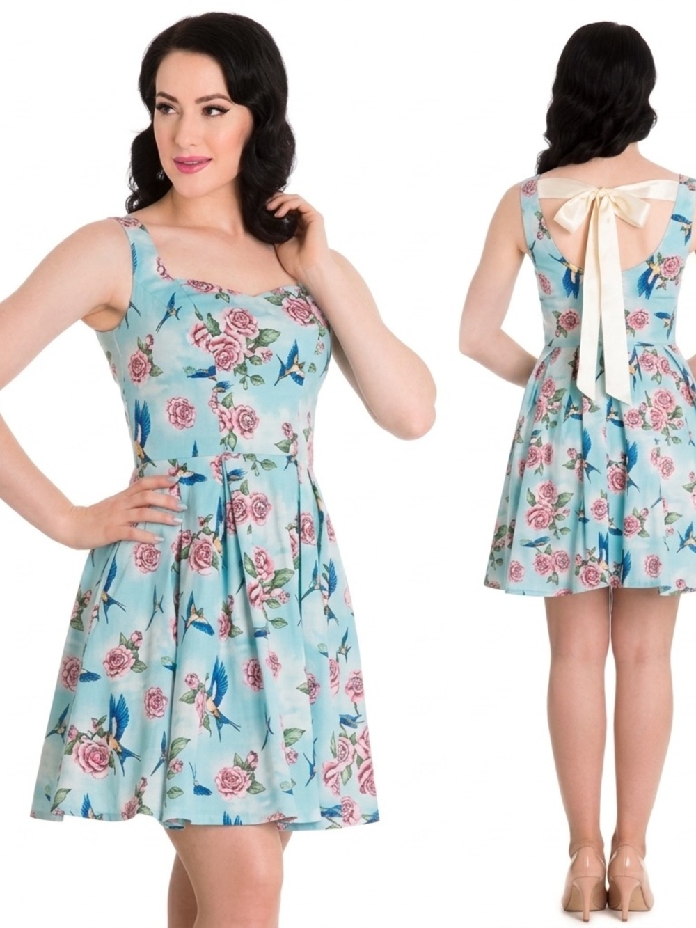 Hell Bunny Retro Fit & Flare Mini Dress XL Pink Roses Birds Pockets Skater Pinup